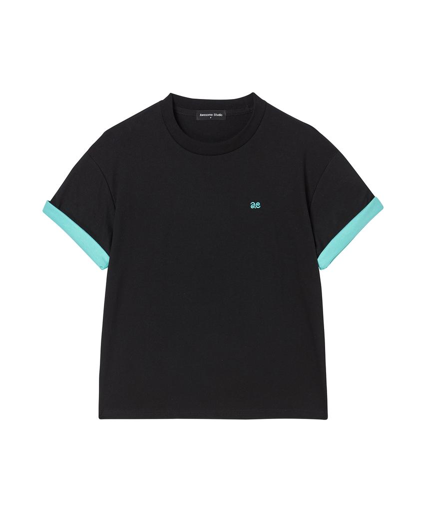 AWESOME STUDIO Color Block Roll-Up Sleeve T-Shirt Black