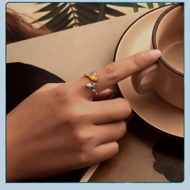 Cute Yellow Warbler Open Ring S925 Sterling Silver Simple Temperament Versatile Bird Ring
