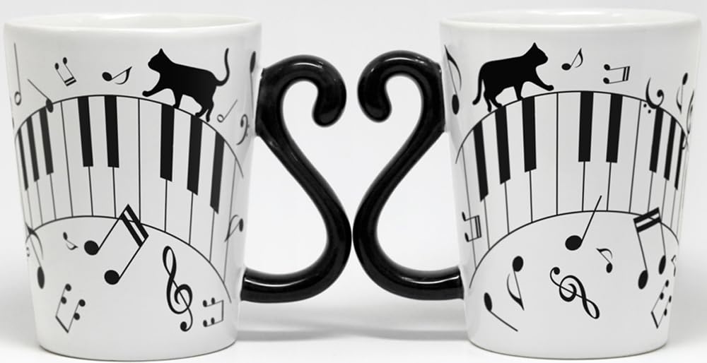 Artha Twin Black Cat Piano Dishwasher and Microwave Stylish Mugs with Tail Arranged To Form a Heart Shape Mugs, Pair, 300ml, Safe, Porcelain, Handles,