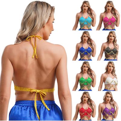 Womens Sequin Crop Top Belly Dance Bra Top Coin Talter Tank Top Costume Sequin Tassel Top