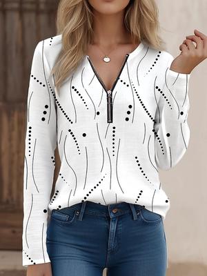 Women's T Shirt Quarter Zip Long Sleeve Casual Graphic Polka Dot Elegant Vintage Stylish V Neck Regular Tops