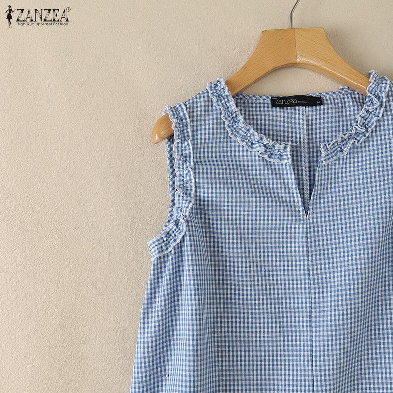 ZANZEA Canottiere Casual da Donna con Scollo a V, Stampa a Quadri, Vestibilità Larga, Senza Maniche