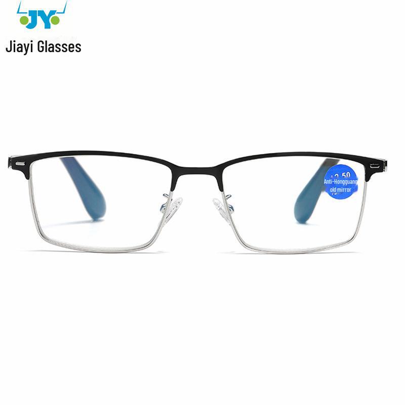 

Очки для чтения в квадратной оправе из нержавеющей стали с защитой от синего света, кожаными вставками и лазерными точками ручной работы +1.50