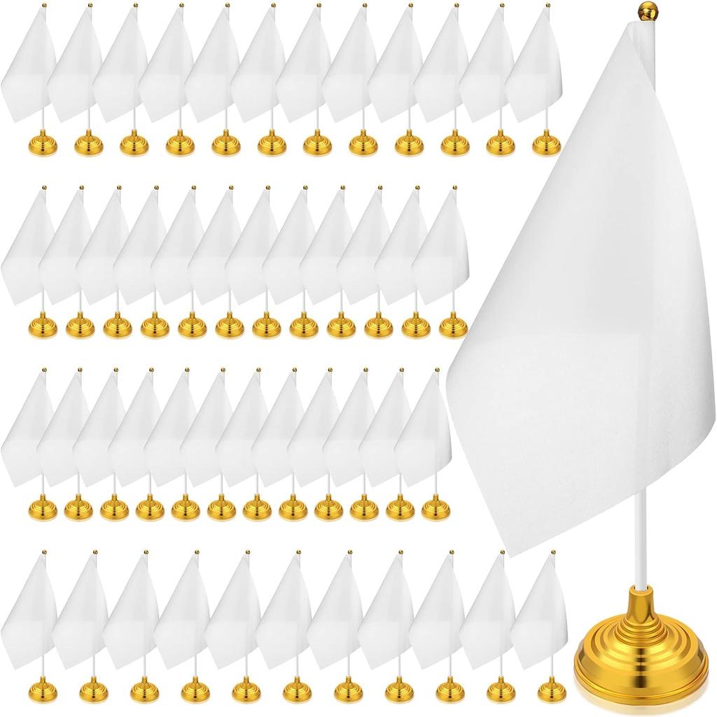 Tatuo 48 Pcs Mini White Desktop Flags on Stick with Stands 5.51 x 8.27 Office White Solid for DIY Craft Small Blank Desktop Flag with Pole for 4th of