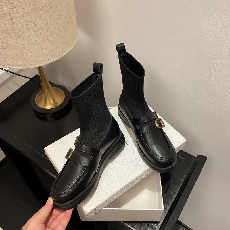 Fashion Elegant with Medium Heels Short Shoes for Woman Sock Booties Round Toe Women's Ankle Boots Brown Elastic Footwear Spring Autumn