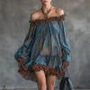 Elegant Retro Leopard Print Blue Long Sleeve Mini Dress Loose Fit One Shoulder Ruffle Detail