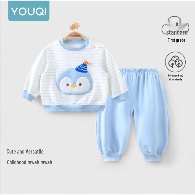 Korean Cartoon Penguin Hoodie Two-Piece Set: Baby Striped Long Sleeve Shirt for Spring, Autumn, Winter