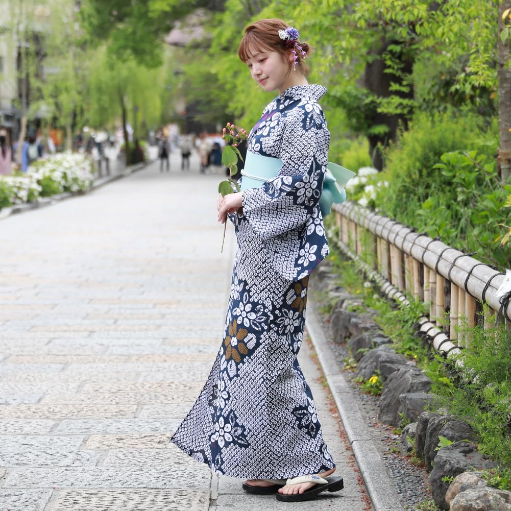 yukata comfortable yukata set with unique weave blue with pattern and sizes Plus-size set, fit, 3-piece (navy tie-dye tie-dye flowers, 4L-5L)