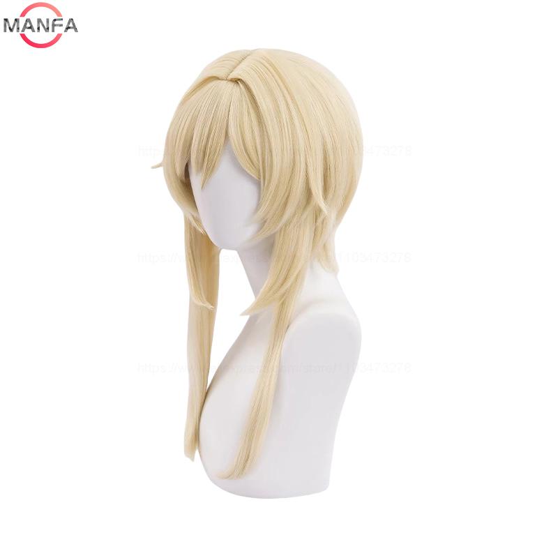 In Sstock Traveller Lumine Cosplay Wig Mid Long Blonde Heat Resistant Synthetic Hair Game Anime Genshin Cosplay Wigs + WigCap