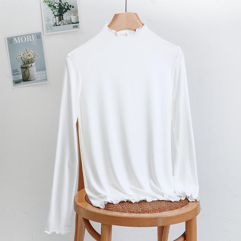 Children's White Modal Long Sleeve T-Shirt with Half-High Collar for Fall/Winter - Girls' Base Layer