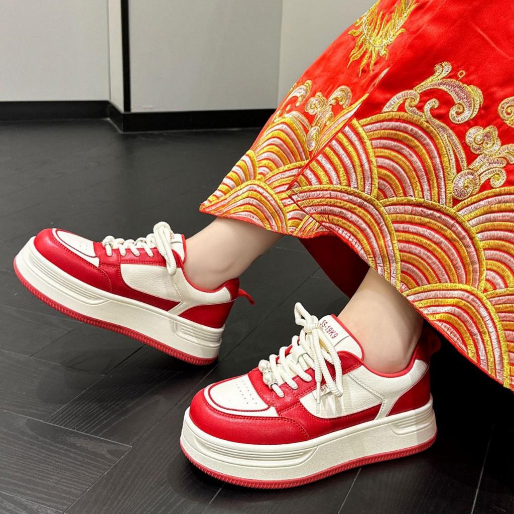 2025 Red Xiuhe Wedding Shoes: Genuine Leather, Non-Slip, Hidden Heel Bridal Heels with Thick Sole