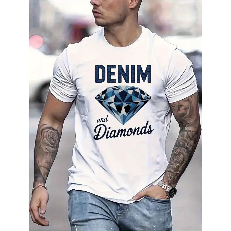 Polyester Men'S Denim and Diamonds Graphic T-Shirt - Stylish Diamond Print Tee for Men