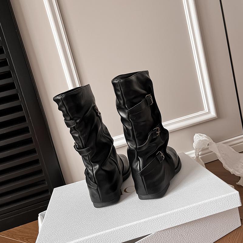 Belt Buckle Pleated Medium Boots Women's Autumn and Winter Outer Wear Retro Punk Side Zipper Trouser Tube Boots Western Style Cowboy Boots