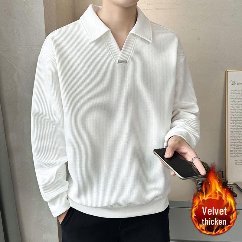 Men's Trendy V-Neck Fleece-Lined Polo Sweatshirt - Autumn/Winter 2025 Collection