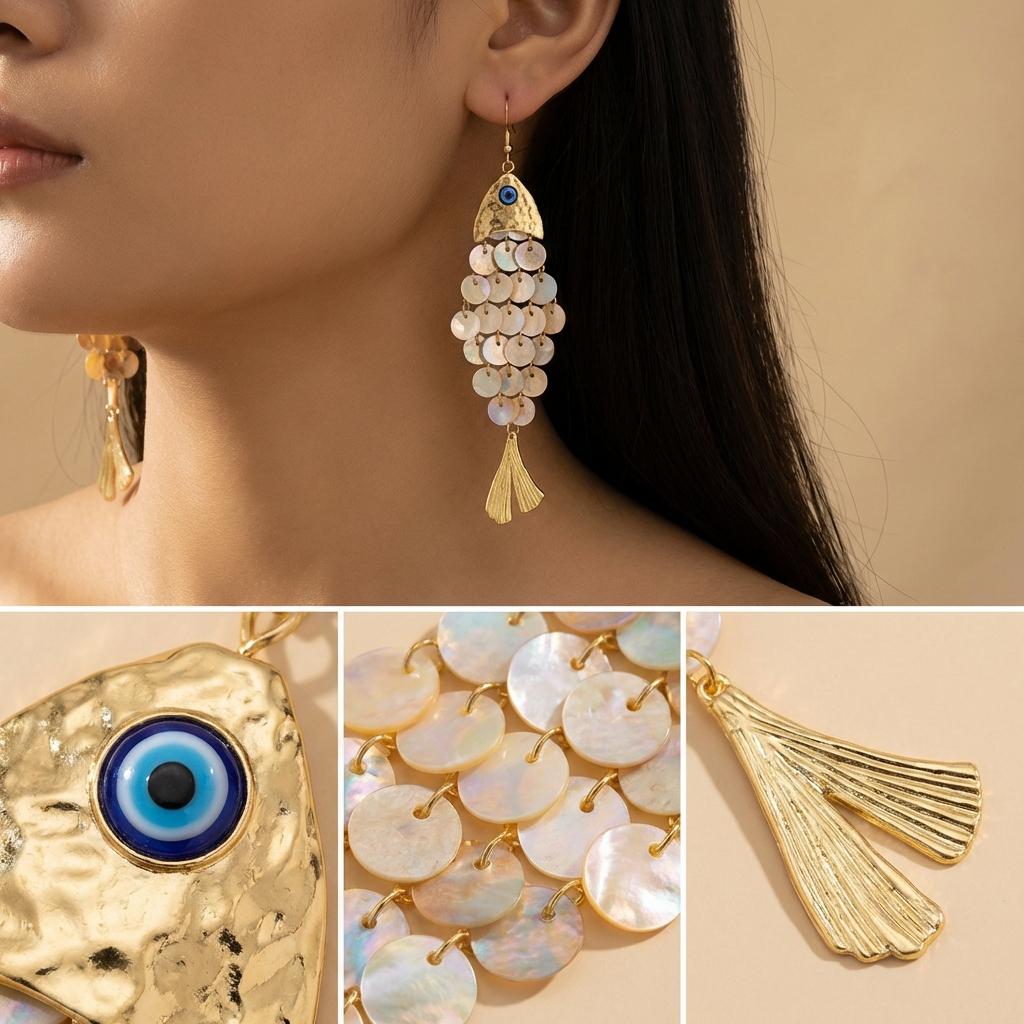 Design-Sinn Fischförmige Ohrringe Kreative Mehrschichtige Muschel Schuppige Quaste Hängende Ohrringe Nische Sommer Strandurlaub Schmuck