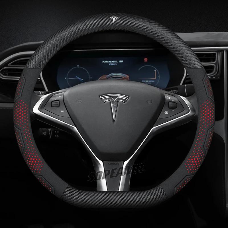 TDMC1 For Tesla Roadster Model 3 Model Y Model S Model X Car Leather Carbon Fiber Anti-Slip Protector Steering Wheel Cover Accessories