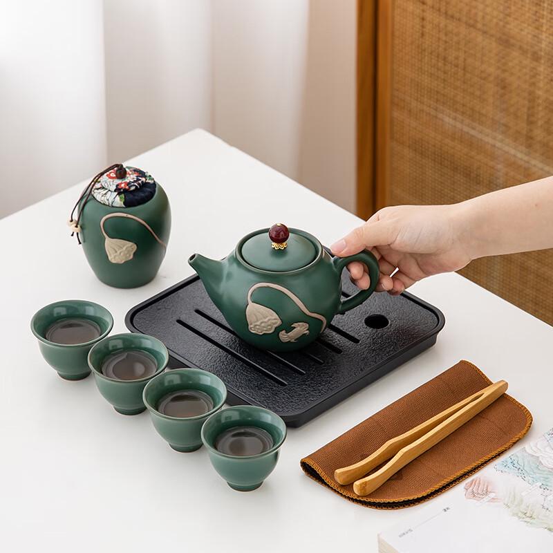 Portable Ceramic Kung Fu Tea Set with Red Leather Bag