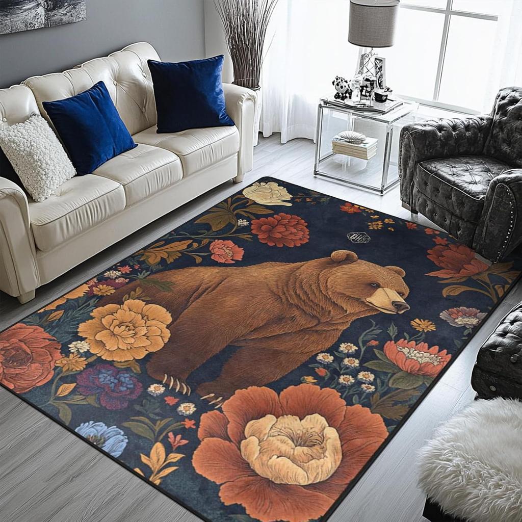 Colorful Floral Area Rug Non-Slip Carpets Green Carpet Flowers and Leaves Rug Decor for Living Room Bedroom Living Room Study