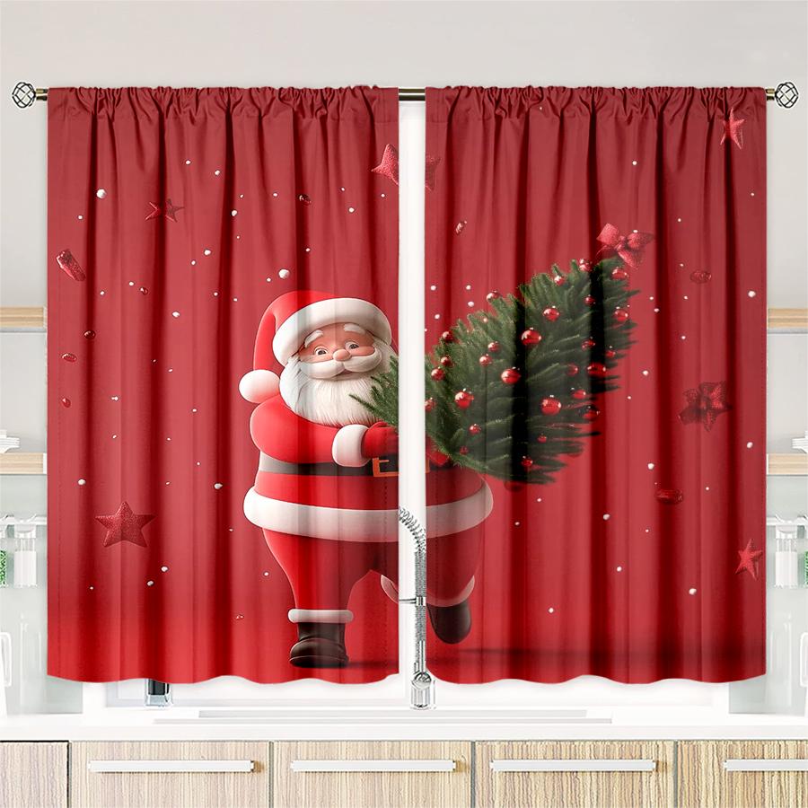 2pcs- Christmas Santa Claus Christmas Tree Pattern Printed Curtains   Christmas Decorations   Home Decorations   Room Decorations