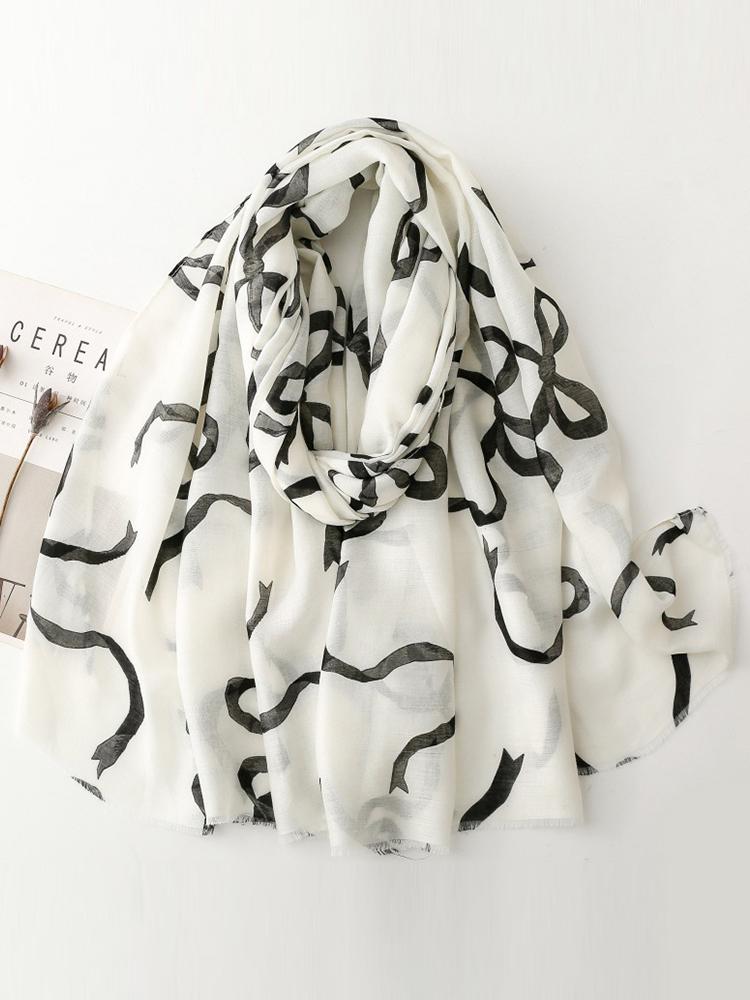 Elegant Women Cotton Linen Silk Scarf Wrap Shawl Sweet Bow Print Ladies Sunscreen Bandanas Hijab Mujer Scarve Pareo Casual New