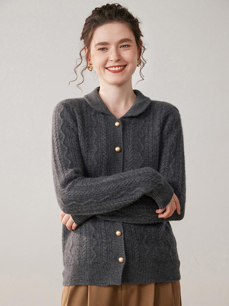 Korean Style Loose Cashmere Cable Knit Polo Collar Cardigan for Women