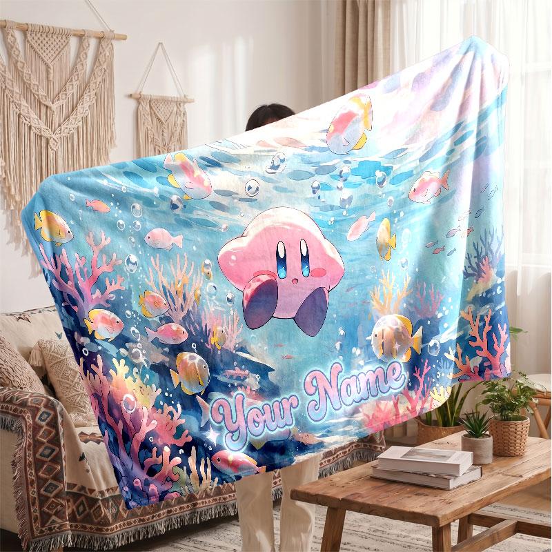 Kirby Personalized Flannel Blanket, Custom Printed Text Name, Warm Soft Blanket For Couch Bed