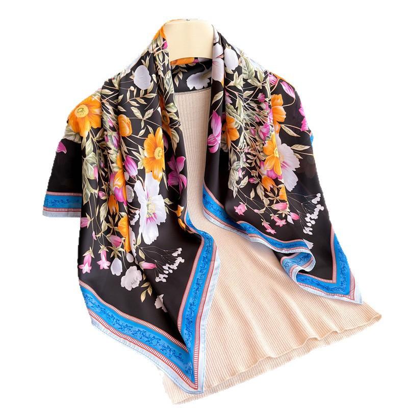 Korean Version of Sweet Flower Simulation Silk High-end Square Scarf Silk Scarf Printed Shawl Scarf Sunscreen Scarf Headscarf Scarf