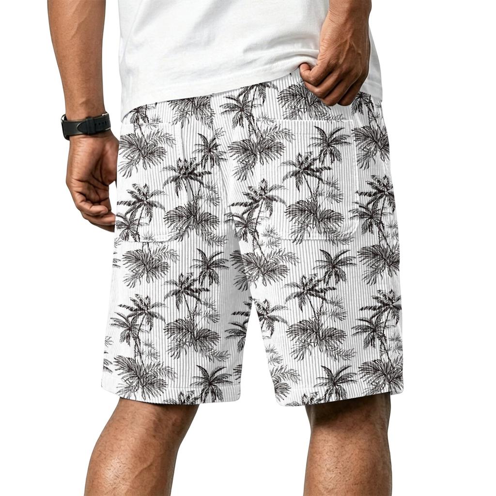 Men Corduroy Drawstring Shorts Casual Loose Fit Summer Turtle Print Elastic Waistband Classic Wear Patchwork Design