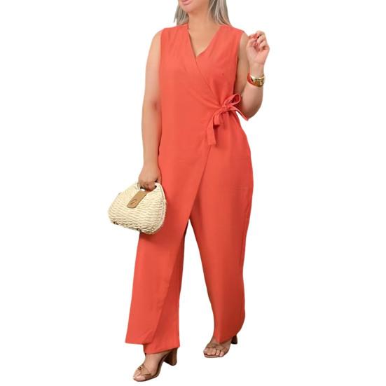 Summer Jumpsuit Sleeveless V Neck Lace-up High Waist Plus Size Wide Leg Pure Color Asymmetric Casual Jumpsuit for Parties Dates
