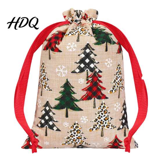 Reusable Holiday Bags Christmas Tree Print Drawstring Gift Bags Faux Linen Xmas Treat Bag Wrapping Candy & Apple Storage Pouch for