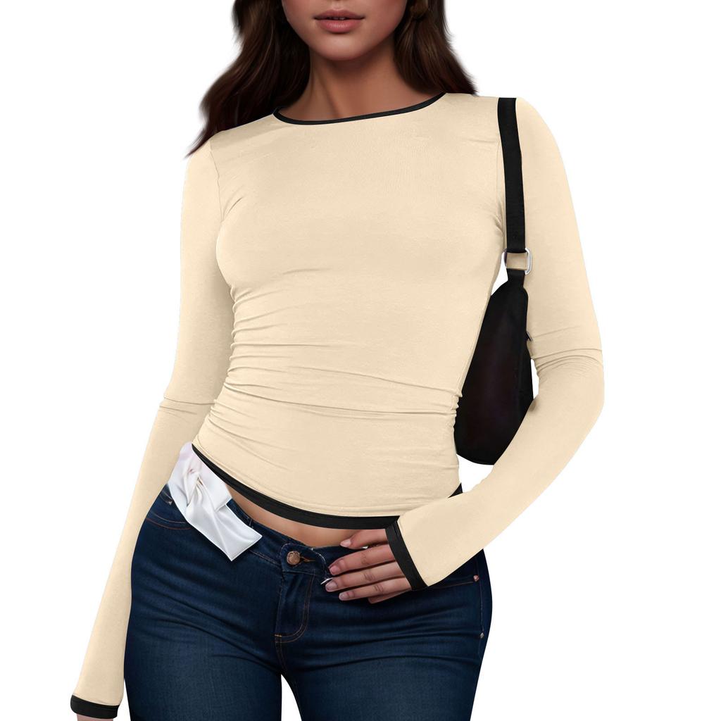 Women's Fashion Colour Blocking Round Neck Long Sleeve T-Shirt Top