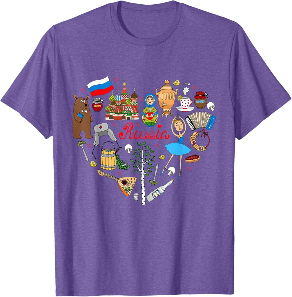 Russia Symbols Heart Collage Graphic Tee Breathable Casual Trip T-Shirt For Men