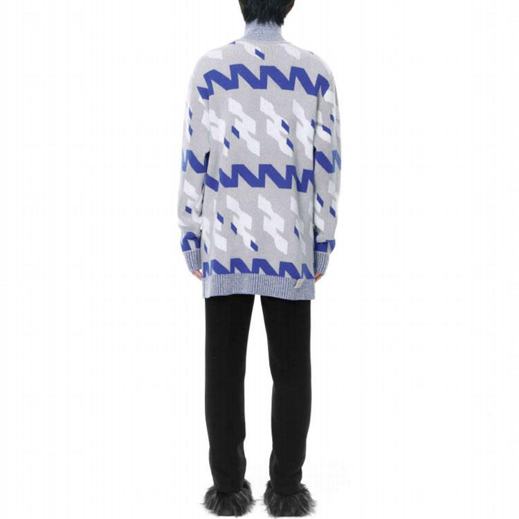 We11done FW21 Blue Geometric Pattern Jacquard High Neck Wool Sweater Unisex sweater Gray WD-KT3-21-646-U-BL