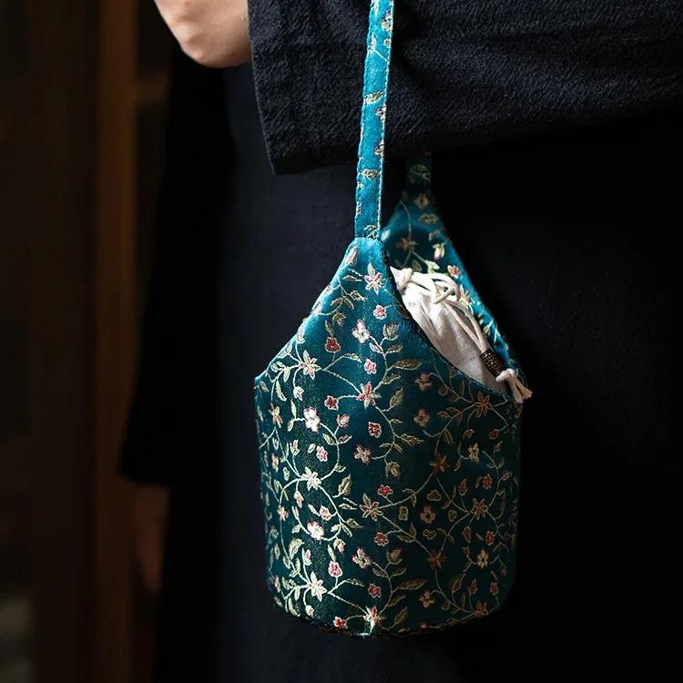 Embroidery Teaware Storage Bag Floral Pattern Cotton Teacup Protective Dustproof Pouch Accessory Outdoor Portable Drawstring Bag