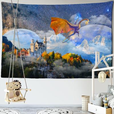 Wandteppich mit fliegendem Drachen und Märchenschloss, böhmisches Ölgemälde, Hippie-Teppich, Kinderzimmer, Schlafsaal, Familiendekor