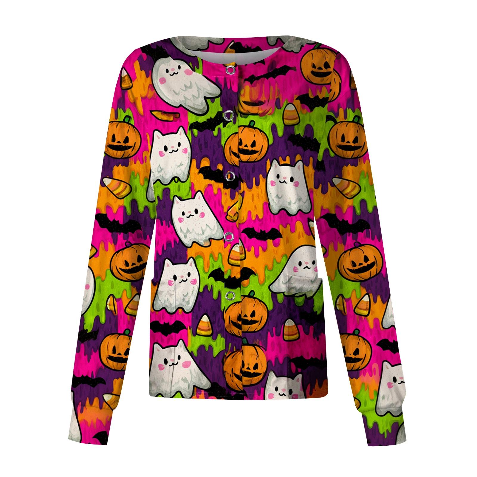 Women s Casual Long Sleeve Button Down Halloween Print Top for Costume Wear L