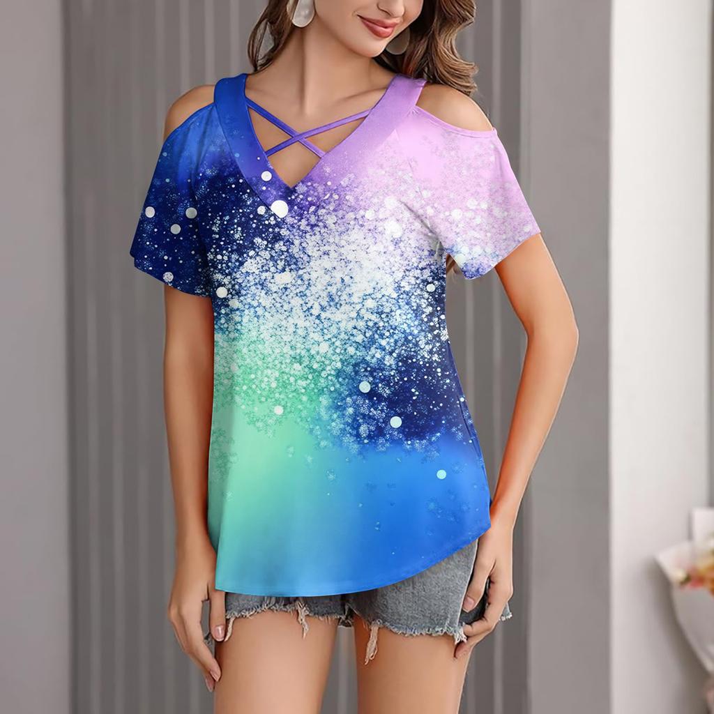 Women's Gradient Print Casual Off-Shoulder Strappy V-Neck Short-Sleeved T-Shirt