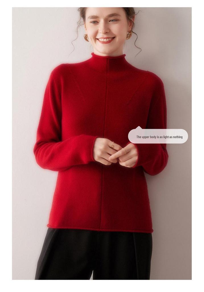 Women's 100% Pure Cashmere Semi-High Neck Sweater: Autumn/Winter 2026 Loose Knit Base Layer with Rolled Hem