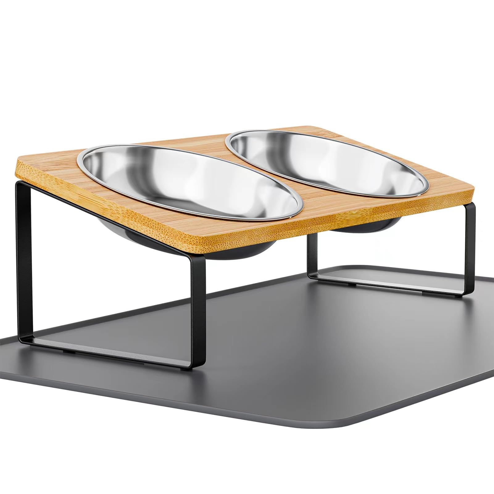 Cuencos elevados para gatos con bigotes, 2 cuencos de acero inoxidable, soporte inclinado a 15°, alfombrilla de silicona,