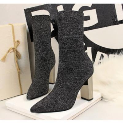 Damskie buty damskie w stylu europejskim i amerykańskim krótkie rurki metalowy obcas gruby obcas szpilki cienkie spiczaste wełniane krótkie buty;