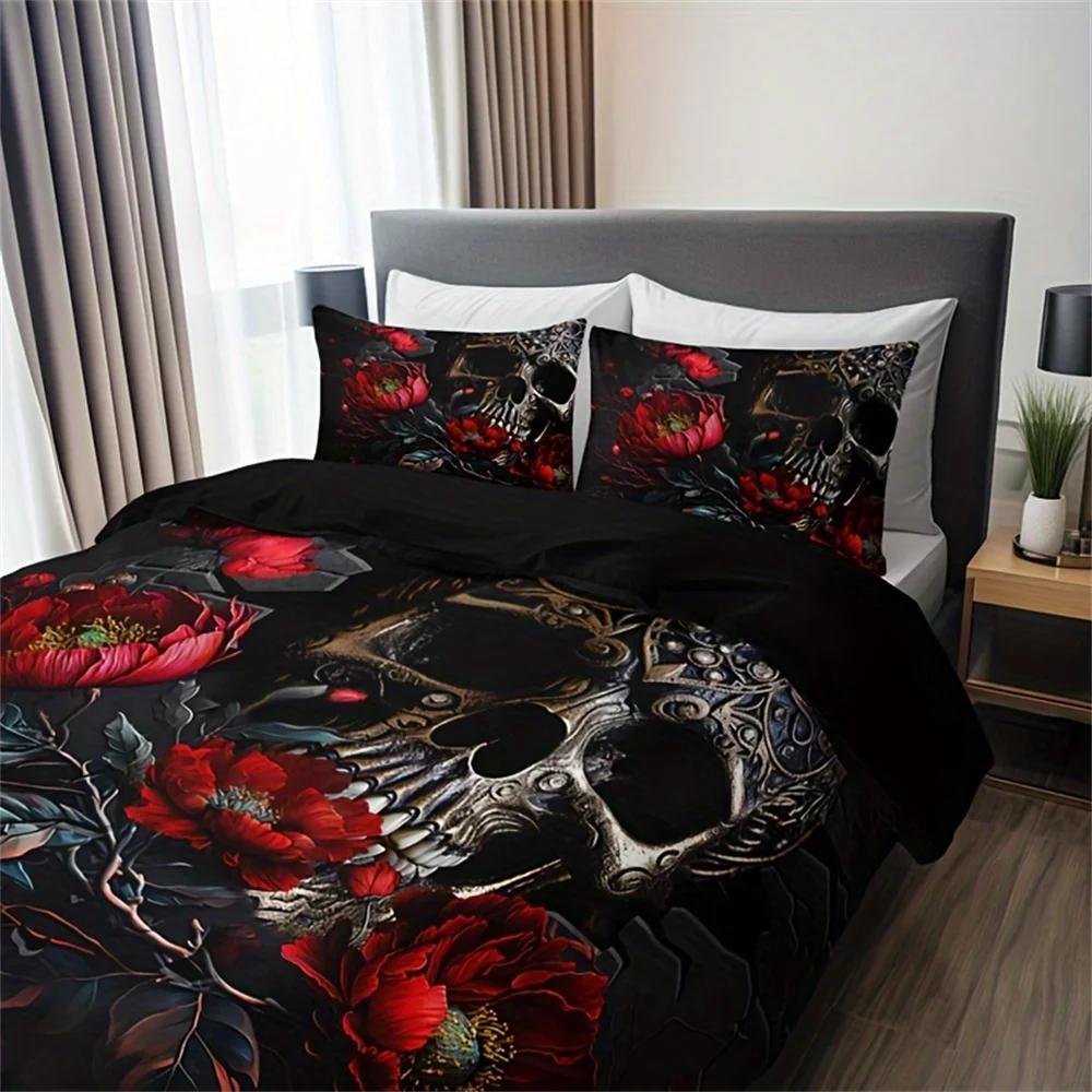 Fashion Gothic Skull Floral Duvet Cover Set - Soft Breathable HD Printing Bedding for Home Dorm Decor - Halloween Themed, Comfor