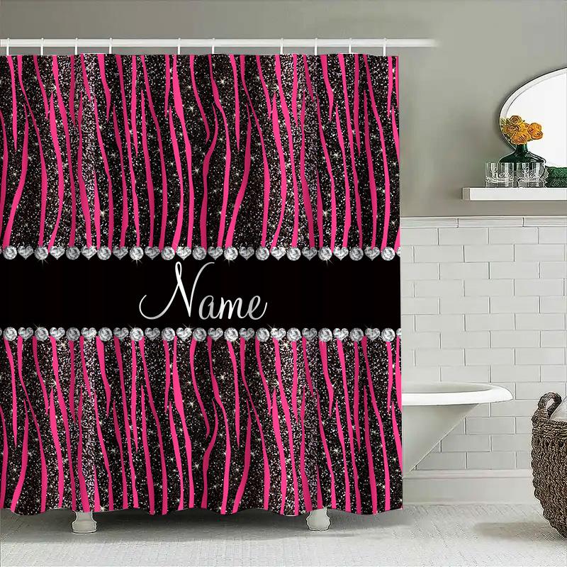 Shower Curtain With Black Pink White Stripes Glitter Rhinestones For Bathroom Decor Customizable Name 36X72 Inch