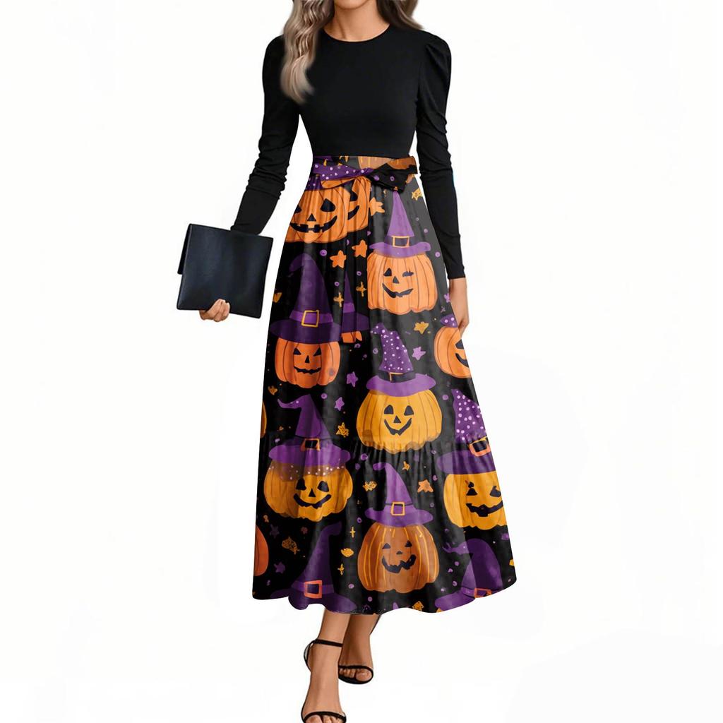 Women's Fashion Casual Belted Long Sleeve Round Neck Halloween Printed Elegant Temperament Dresses