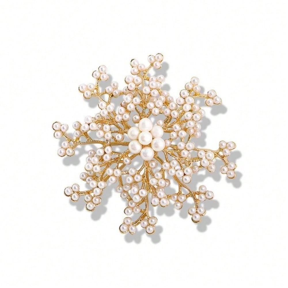 Elegant Faux Pearl Cluster Brooch, Gold-Tone Floral Spray Design, Women's Bridal Accessory for Wedding Party Gift