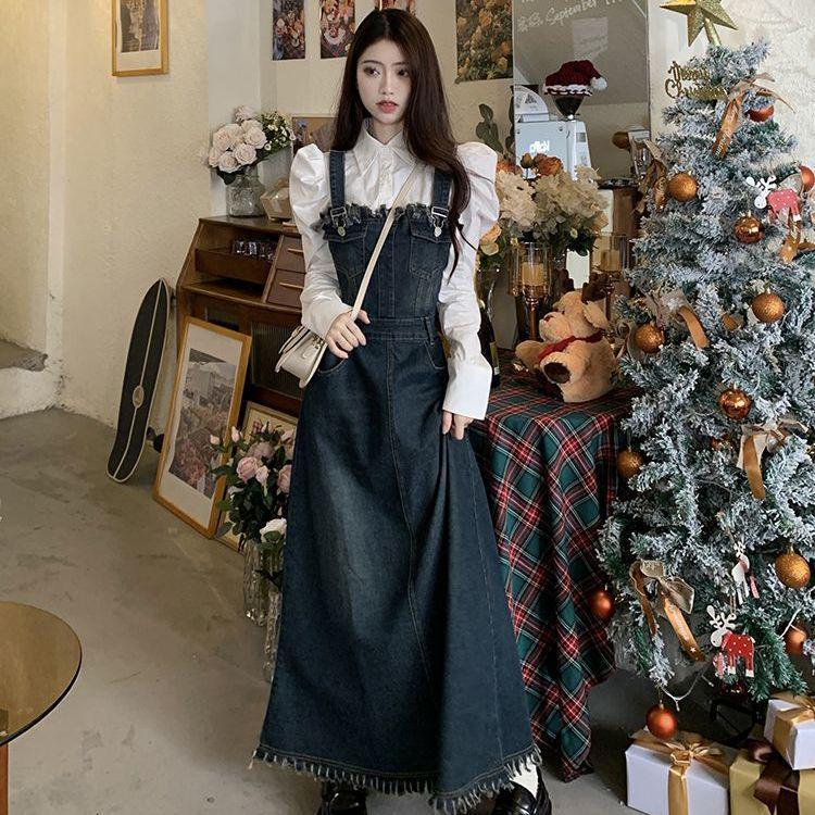 Korean Retro Slimming Denim Dress & Shirt Set for Women