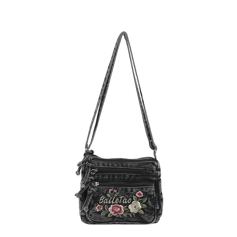 Borsa a Tracolla in Denim da Donna con Ricamo di Gattino Cartone Animato e Multi-scomparti