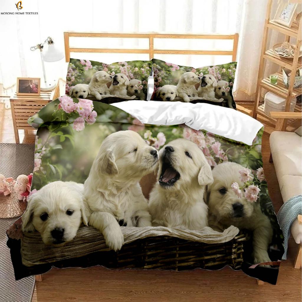 3pcs Cute Dog 3D Printed Quilt Cover Kids Room Bedding Set 100% Polyester Machine Washable Duvet Cover Pillowcase