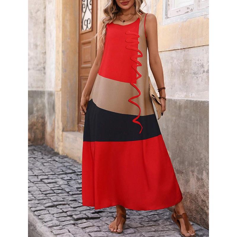 

Летнее пэчворк без рукавов повседневное платье А-силуэта женское элегантное круглое шея модное отпускное свободное платье женское винтажное сексуальное длинное платье 26166 XXL красный