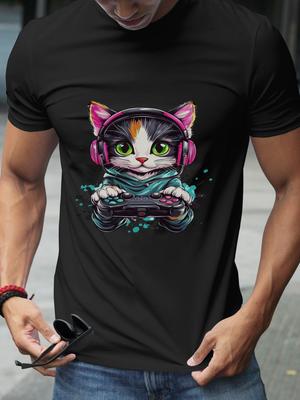 Casual Gaming Cat Video Player Graphic T-shirt - 180g Cotton Crew Neck Short Sleeve Tee with Vibrant Cartoon Design