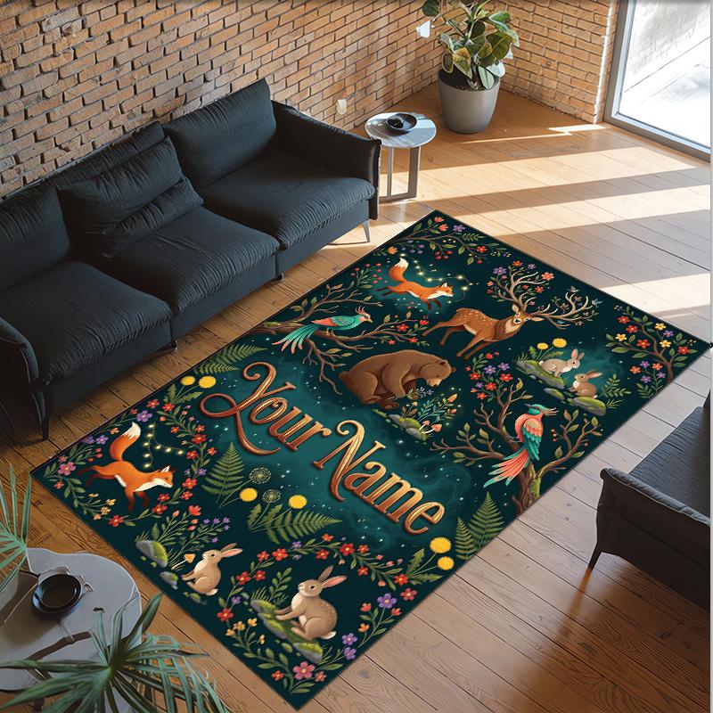 Forest Theme Crystal Velvet Floor Rug Personalized Custom Name Text Warm Carpet Home Decoration